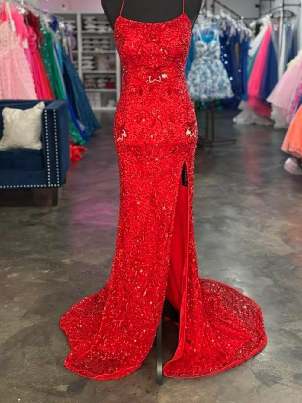 Red size 2 Sequin Spaghetti-Strap Prom pageant Dress with Side Slit